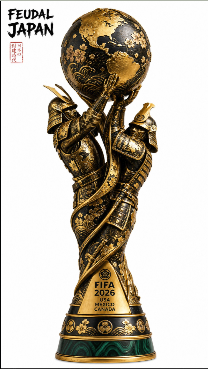 AI-generated image of two samurai figures holding up a globe above a base labeled 'FIFA 2026 USA Mexico Canada'.