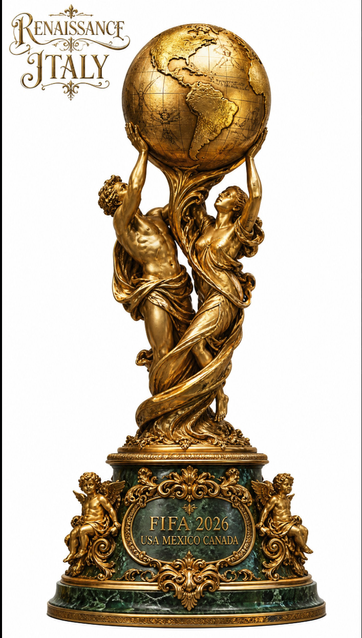 An ornate golden trophy with two classical figures holding a globe above a green marble base reading 'FIFA 2026 USA MEXICO CANADA'.