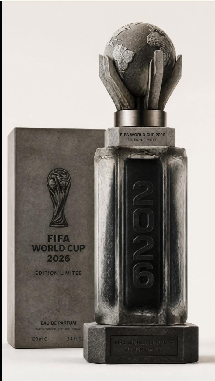 An AI-generated product image of a FIFA World Cup 2026 limited edition perfume bottle styled after the World Cup trophy.