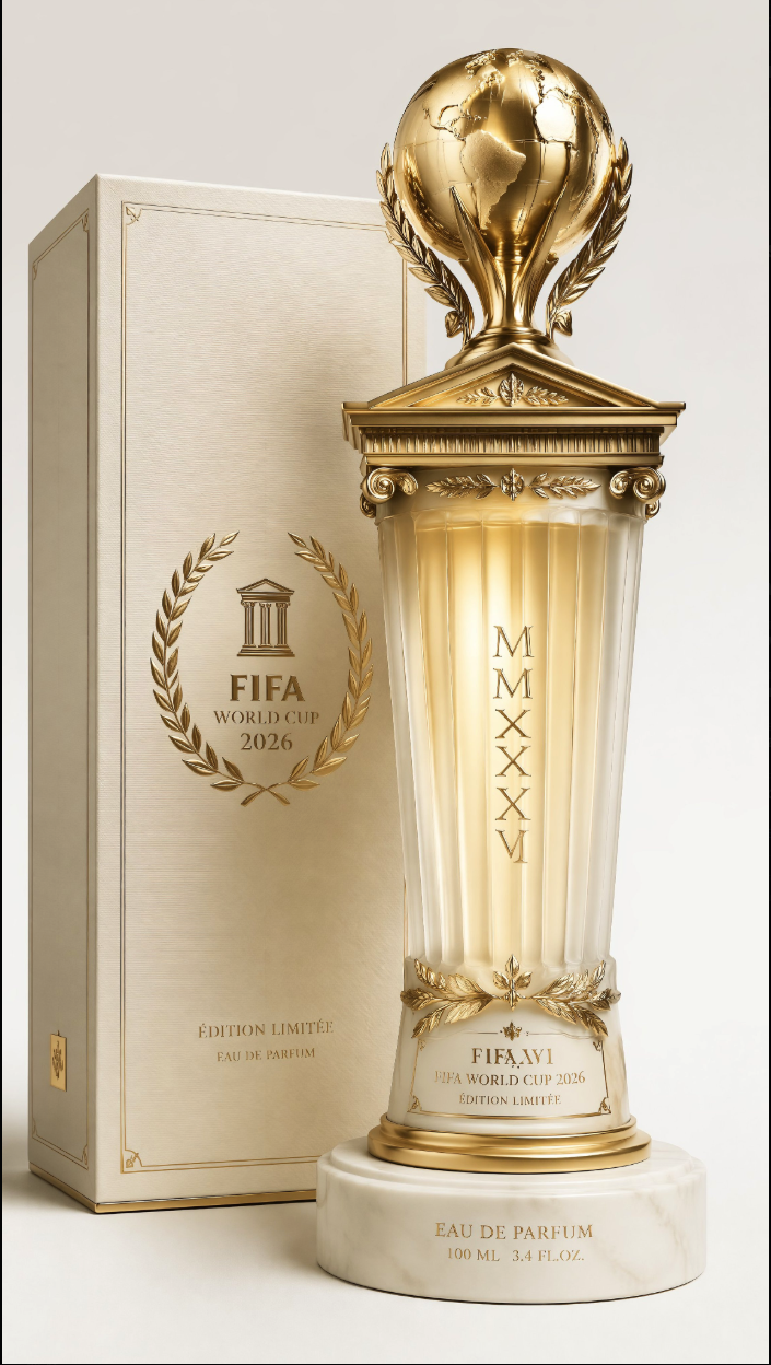 An ornate gold perfume bottle styled like a trophy, marked FIFA World Cup 2026, beside its cream and gold packaging box.