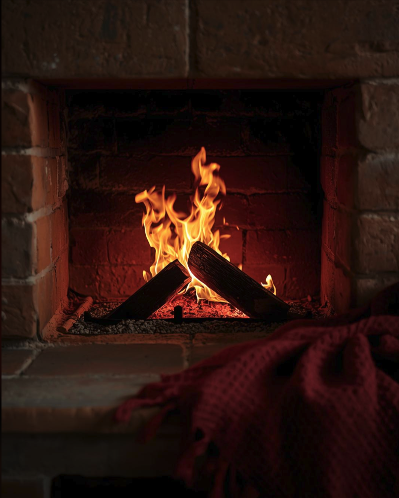 A brick fireplace with burning logs producing bright orange flames, with a burgundy blanket draped nearby.