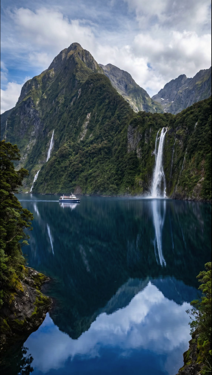 A scenic fjord with steep green mountains, tall waterfalls, and a small tour boat on calm reflective water.