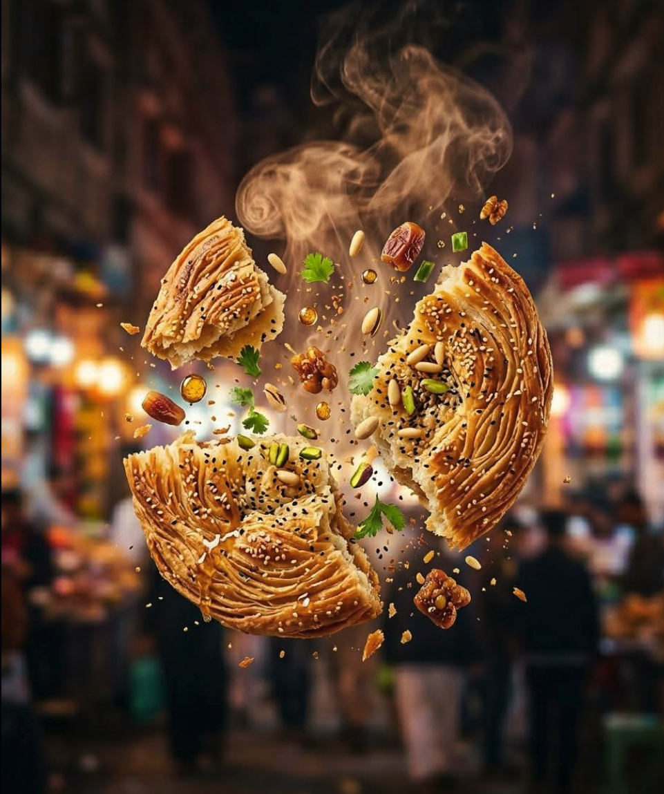 A round sesame flatbread bursts mid-air, sending dates, nuts, herbs, and spices outward against a blurred night market.