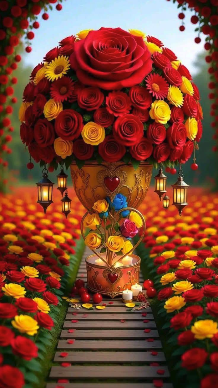 An ornate gilded urn overflowing with red and yellow roses and daisies, set on a wooden path among a field of flowers and lit by small hanging lanterns.