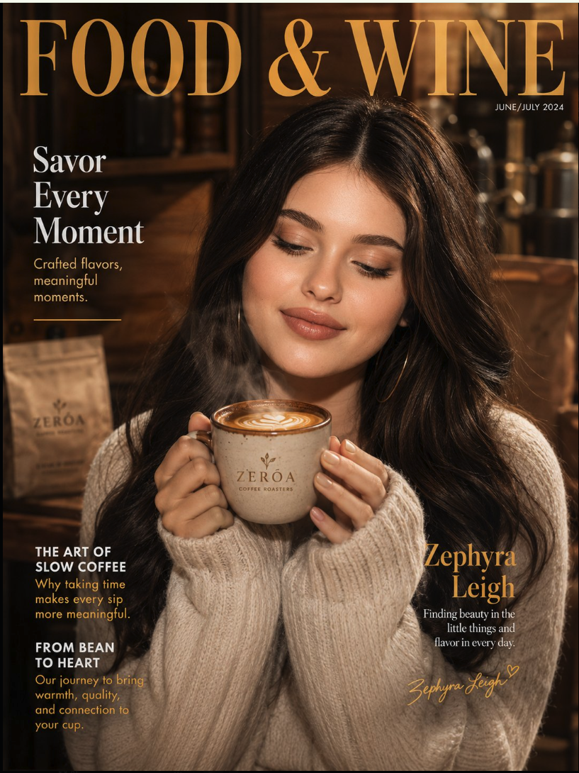 A woman holding a Zeroa Coffee Roasters cup on a fabricated Food & Wine magazine cover.