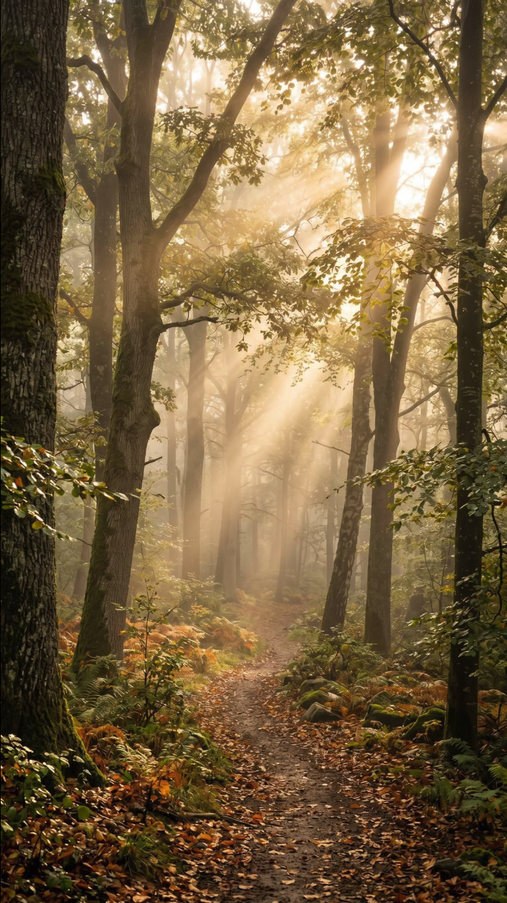 A dirt path winding through an autumn forest with golden sunlight streaming between tall trees.