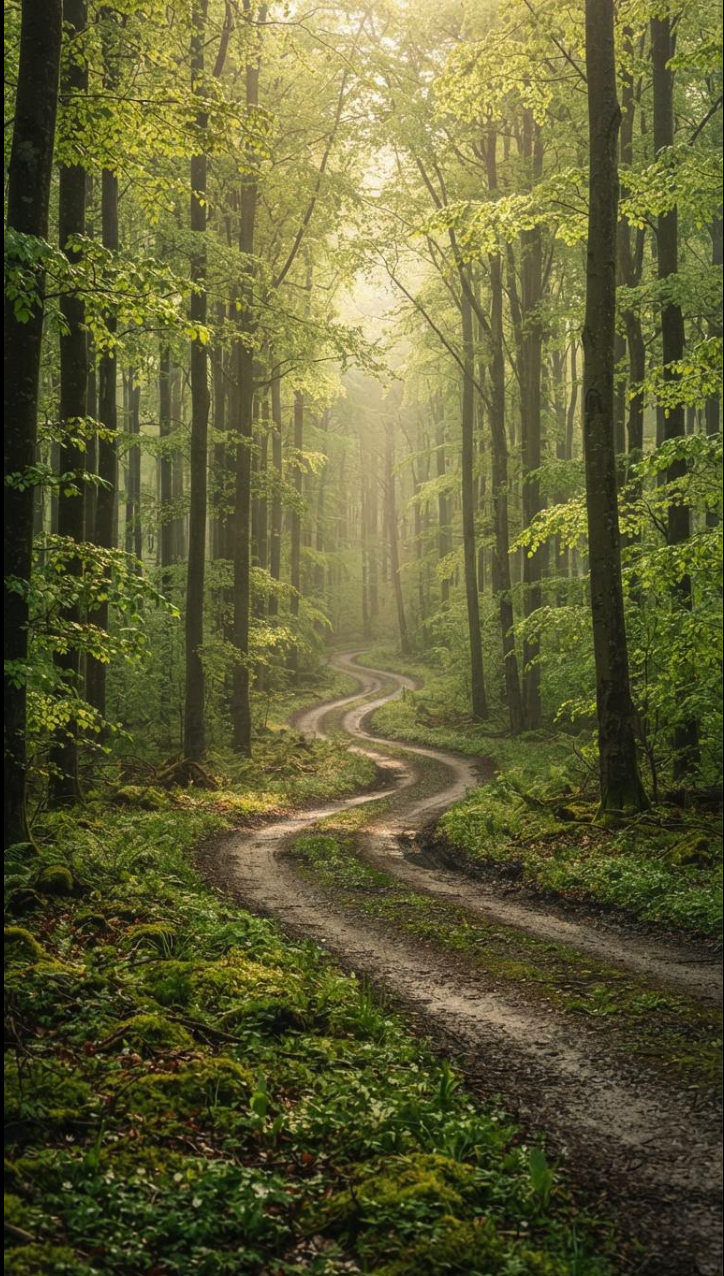 A winding dirt path curving through tall trees in a misty, green forest.