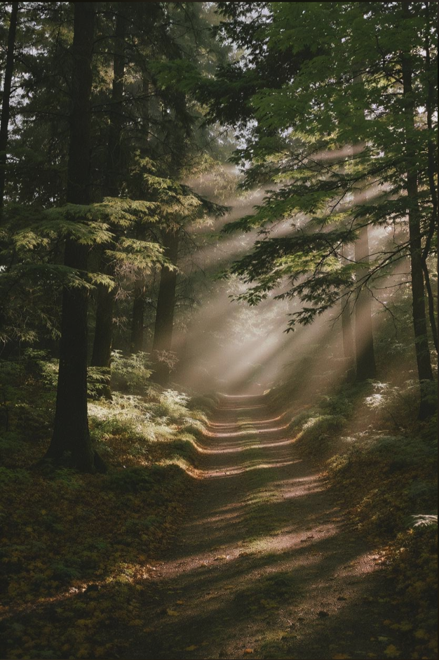 A dirt path winding through a dense evergreen forest with diagonal sunbeams streaming through the canopy.