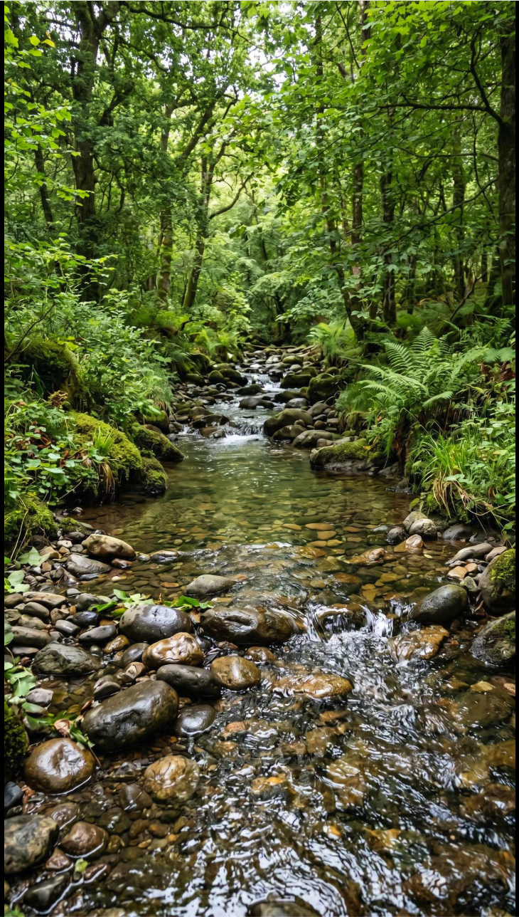 A clear shallow stream flowing over rounded stones through a lush green forest with ferns and mossy banks.
