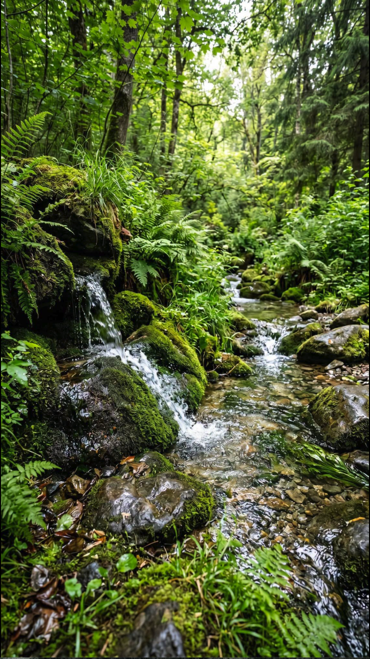 A small stream flowing over moss-covered rocks in a lush green forest.