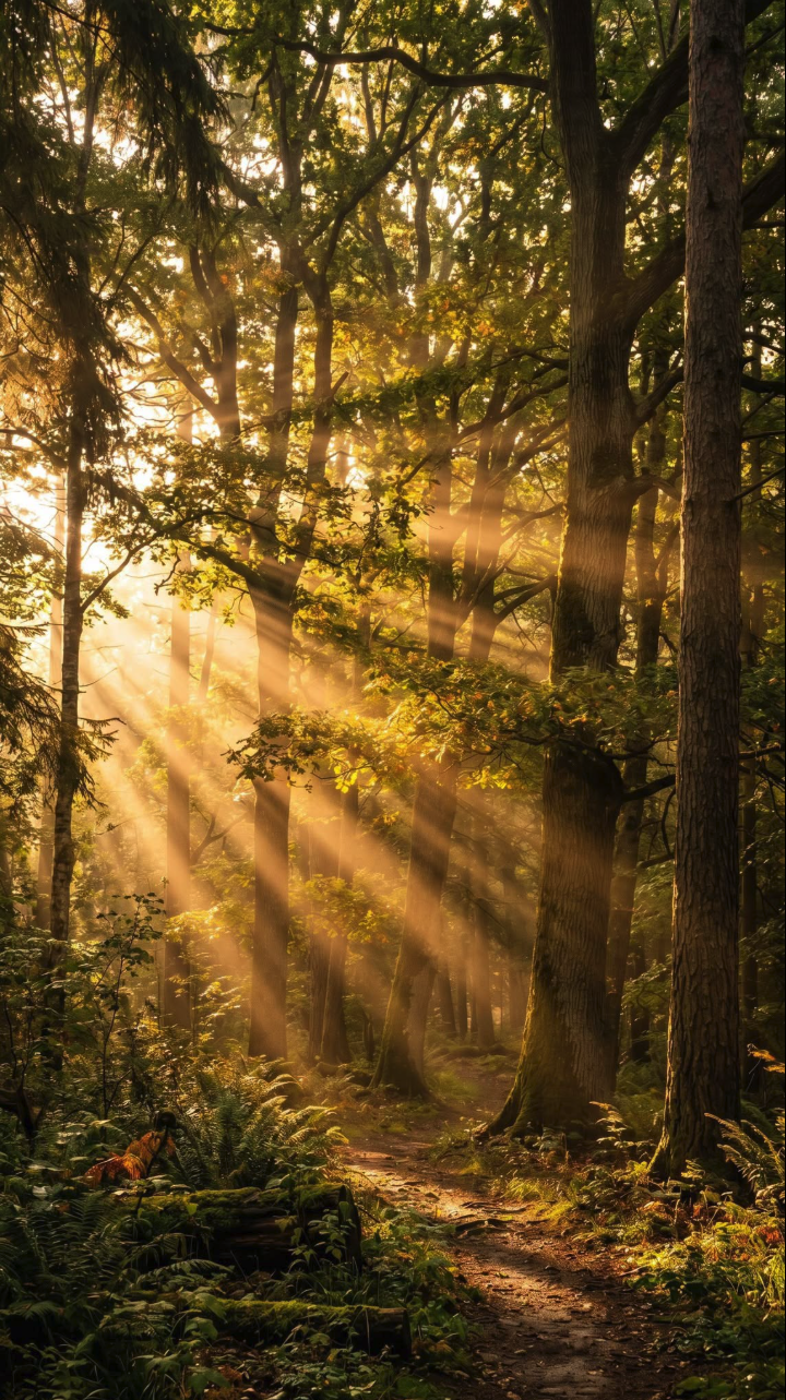 A sunlit forest path with golden light rays streaming through tall trees and ferns.