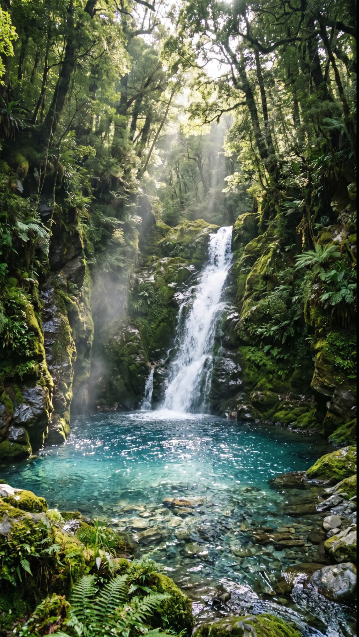 A waterfall cascading into a turquoise pool surrounded by lush green forest, ferns, and moss-covered rocks.