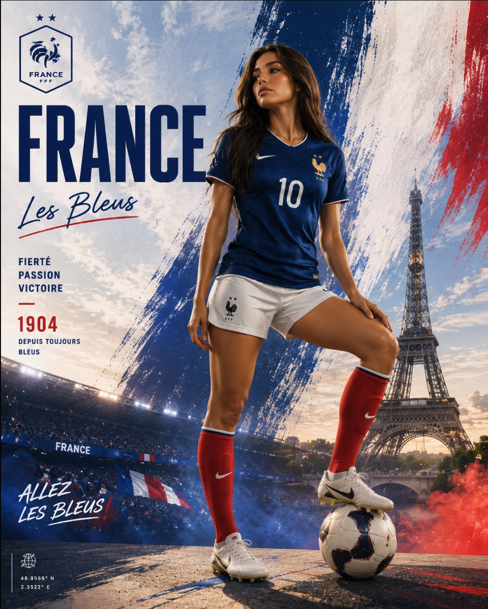 AI-generated poster of a woman in a France national football kit with one foot on a soccer ball, the Eiffel Tower behind her.