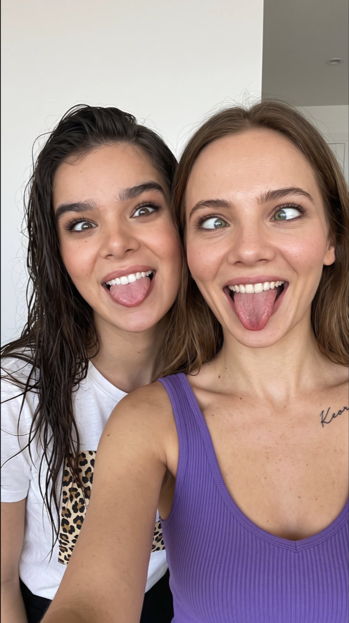 Two women resembling Freya Allan and Hailee Steinfeld taking a close-up selfie indoors, sticking out their tongues.
