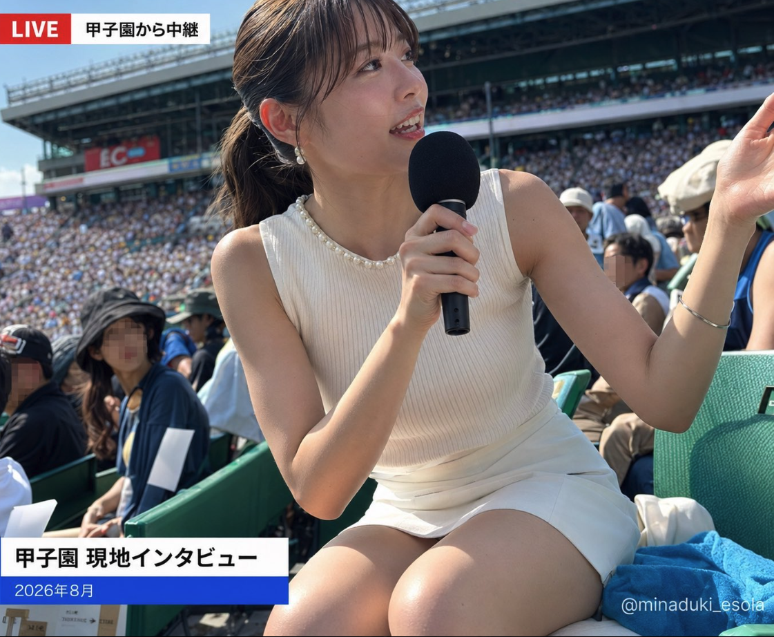 A woman holding a microphone at a packed baseball stadium, with Japanese broadcast graphics overlaid.