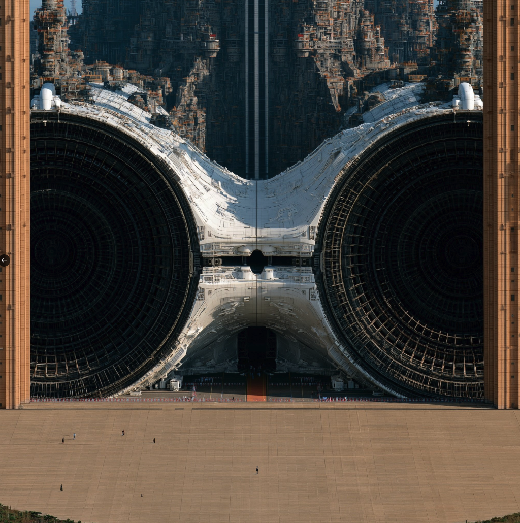 A massive futuristic megastructure with twin circular bays opening onto a wide plaza, with tiny figures for scale.