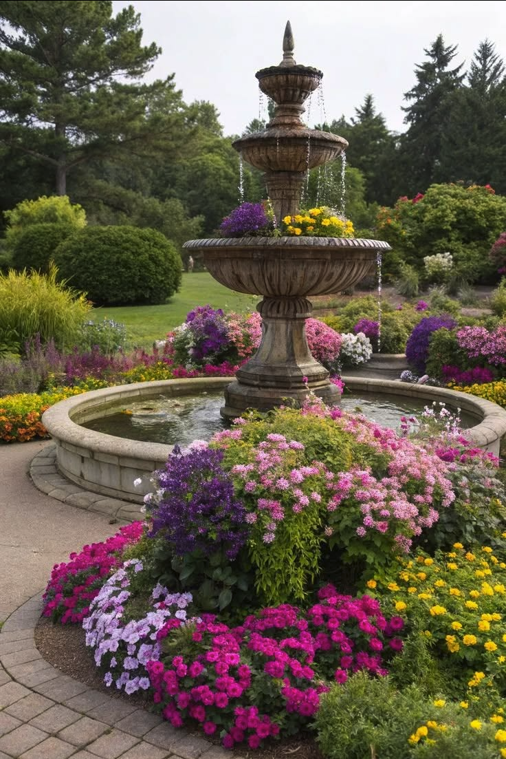 A tiered stone fountain surrounded by colorful flowers in a lush garden setting.