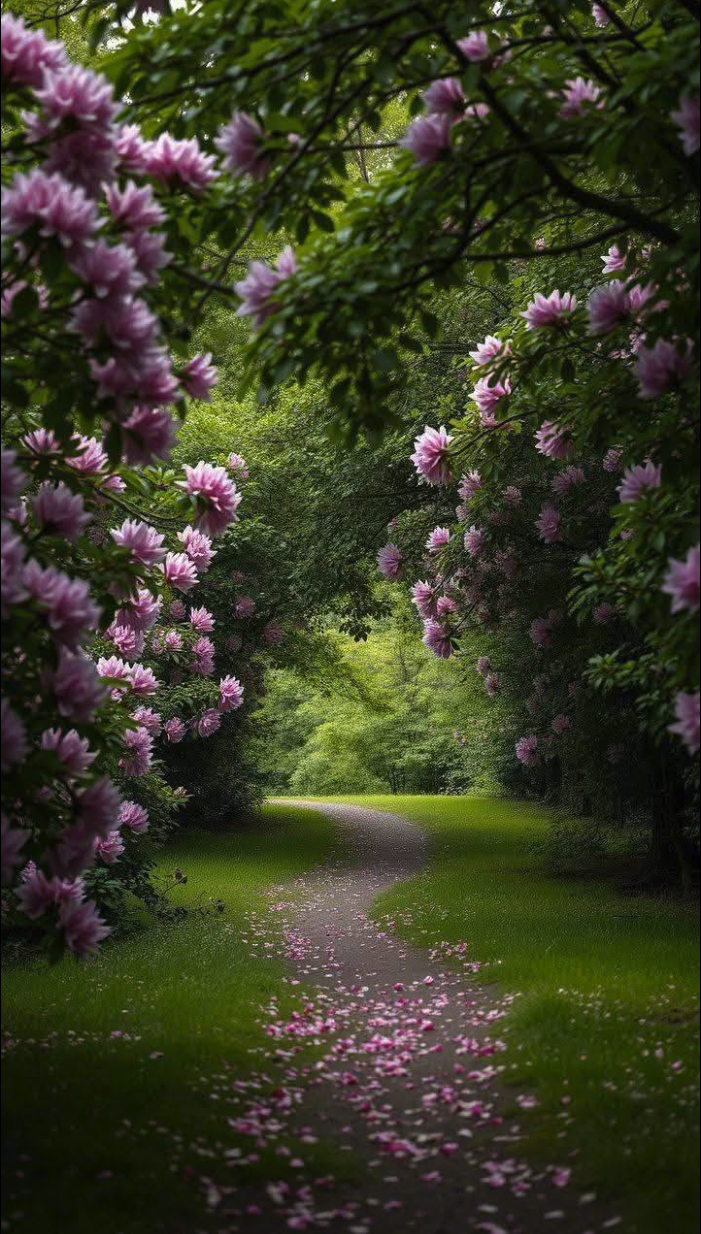 A garden path lined with pink flowering shrubs beneath a green canopy of foliage.
