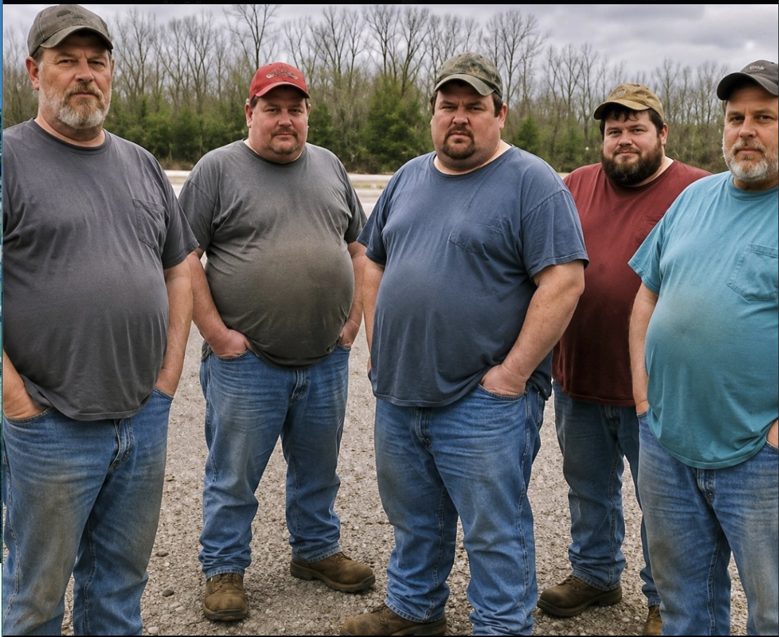 Five middle-aged men resembling Gary Basaraba and Ian Flynn standing together on a gravel lot outdoors.