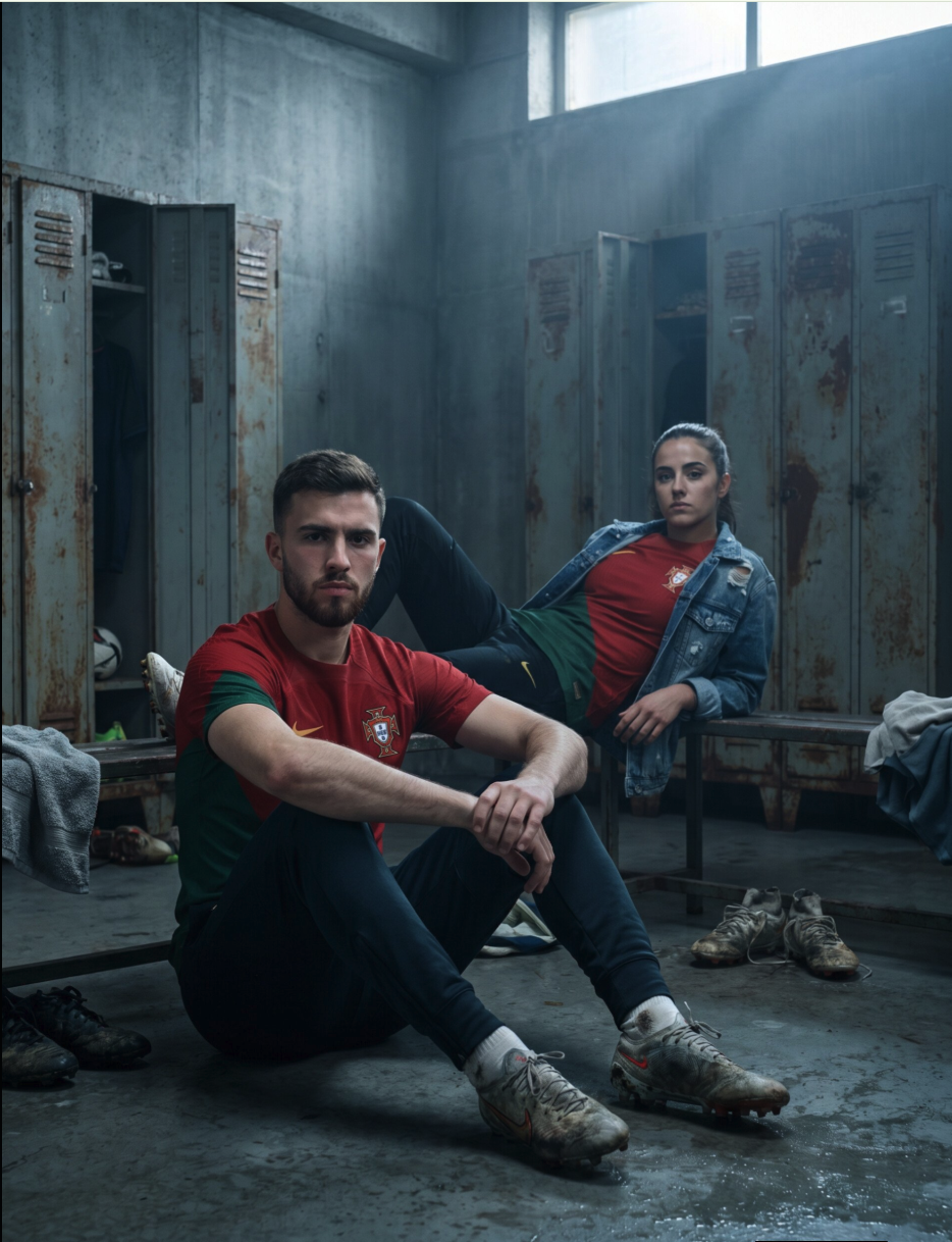 A man and a woman seated in a dim locker room wearing red and green Portugal jerseys.