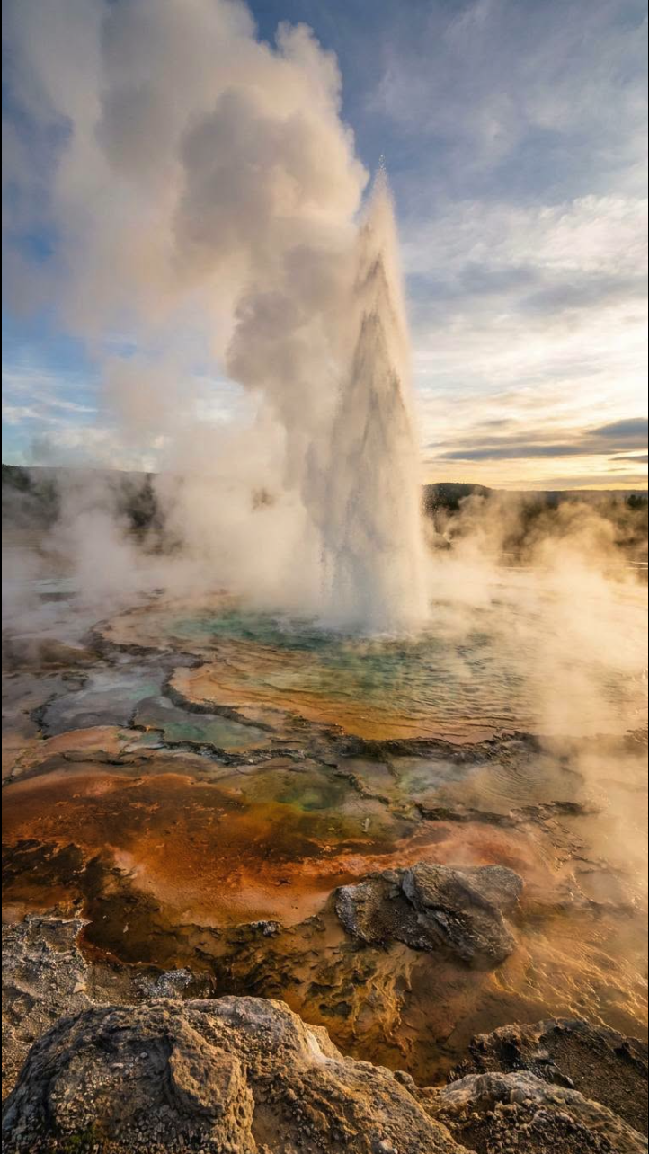A geyser erupting with a tall plume of water and steam above orange, green, and rust-brown mineral terraces.