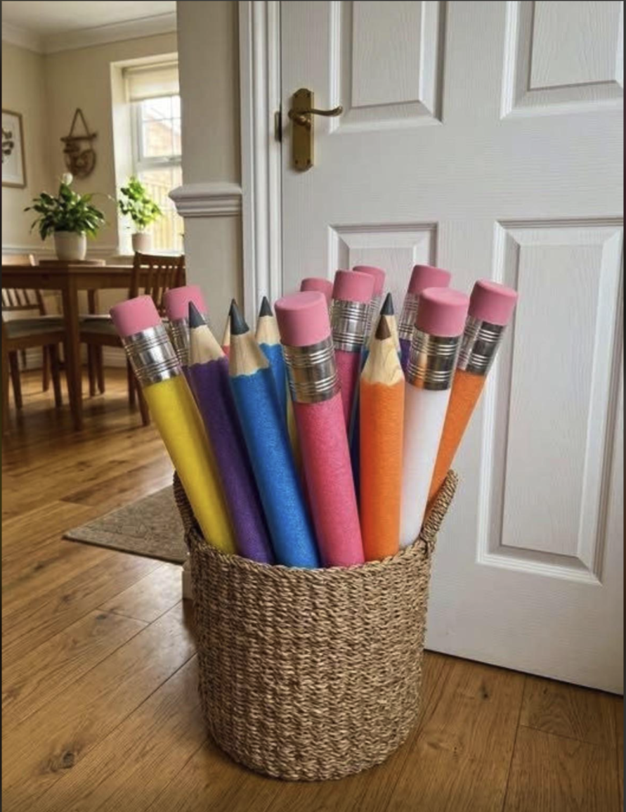 A woven basket filled with oversized colored pencils topped with pink erasers, sitting on a wooden floor in front of a white door.
