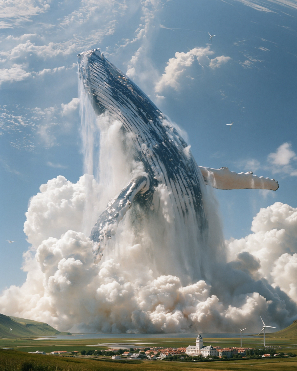 A colossal humpback whale breaching upward out of a billowing cloud of spray over a small village and green plains.