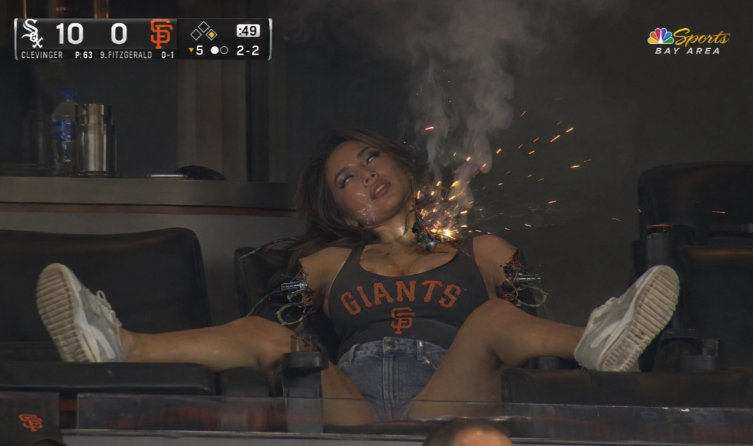 An unidentified woman wearing a San Francisco Giants tank top seated in stadium chairs, composited into a baseball broadcast screenshot.