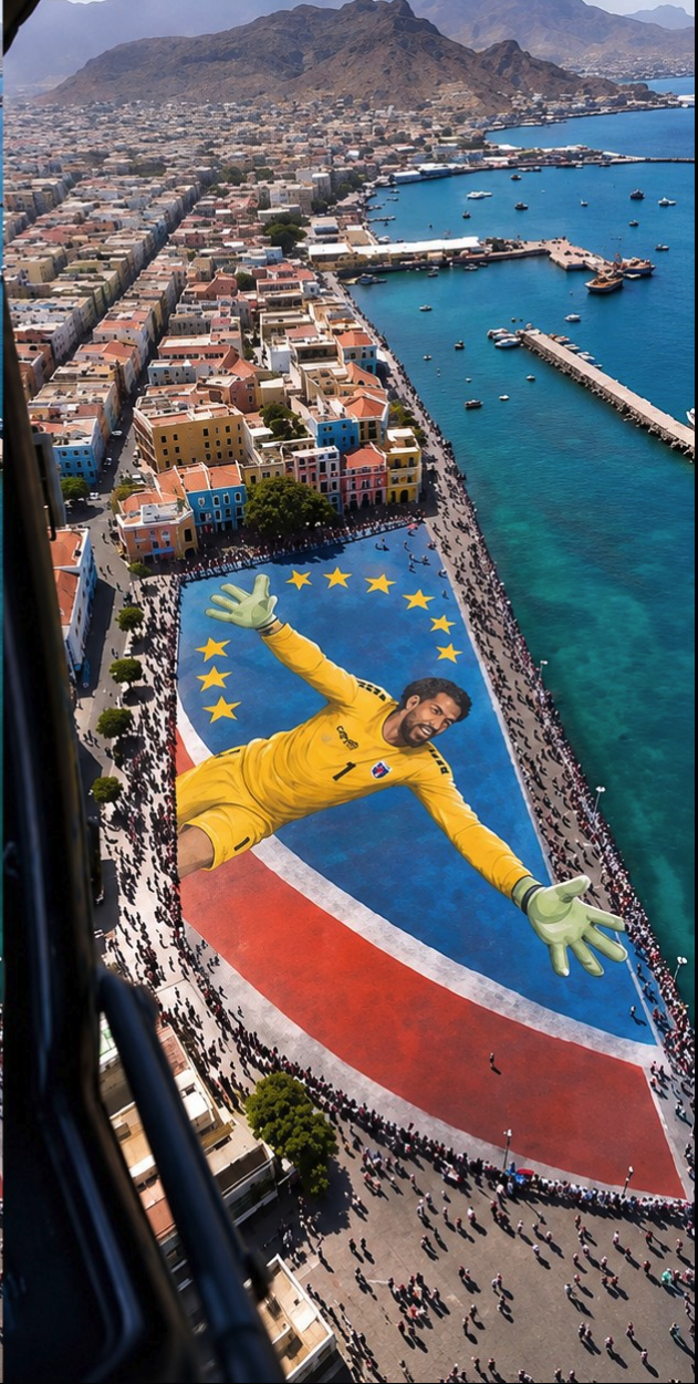 Aerial view of a Mediterranean coastal town and harbor with an EU flag banner and a goalkeeper in a yellow kit diving in the foreground.
