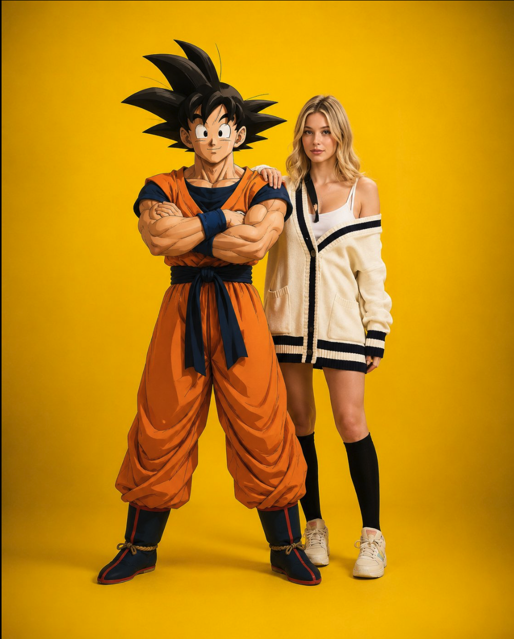 An anime-style figure of Goku standing beside a blonde woman against a plain yellow background.