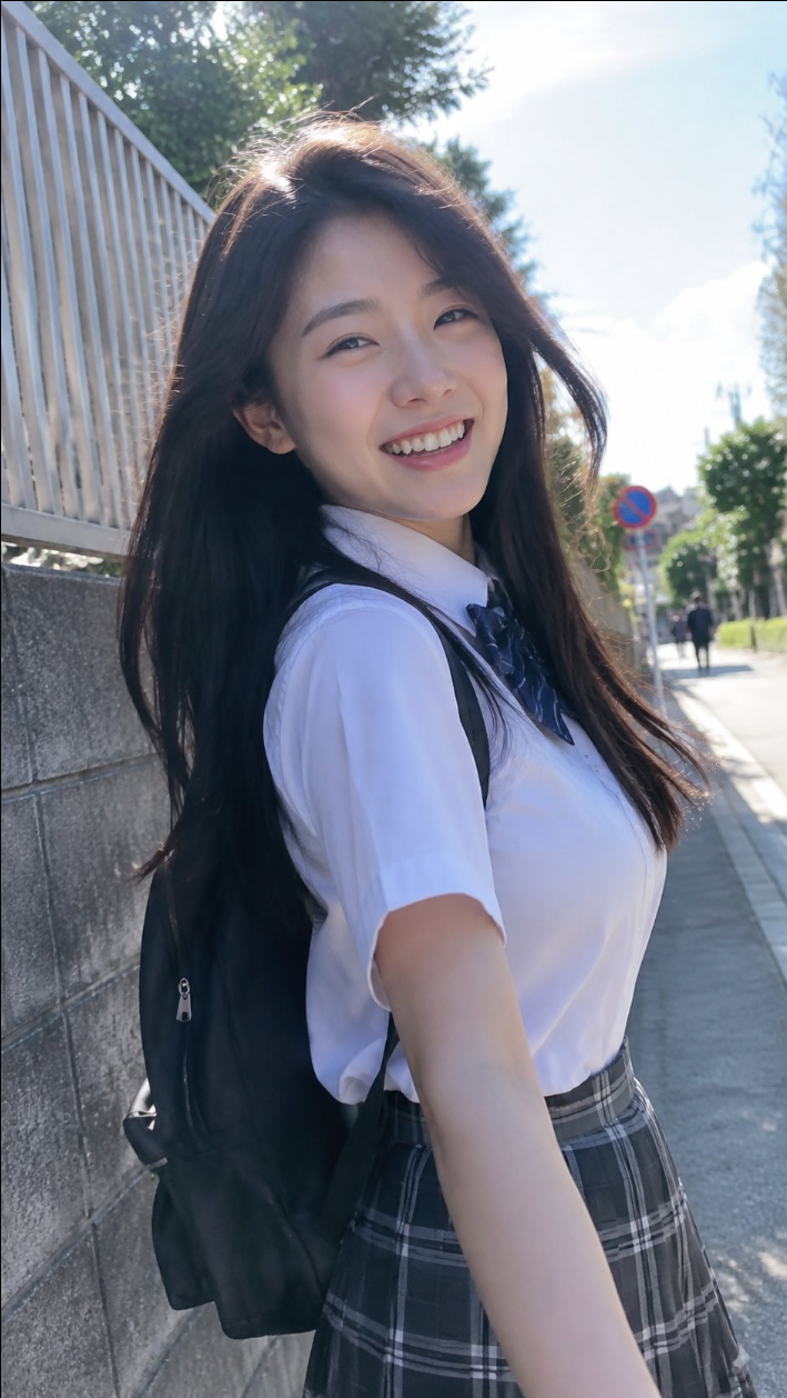 A woman in a white shirt and plaid skirt, smiling on a sidewalk with a backpack.