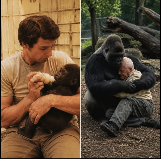 Two photographs appearing to show a man resembling Gordon Thomson: on the left, bottle-feeding a baby gorilla; on the right, being embraced by a large silverback gorilla outdoors.