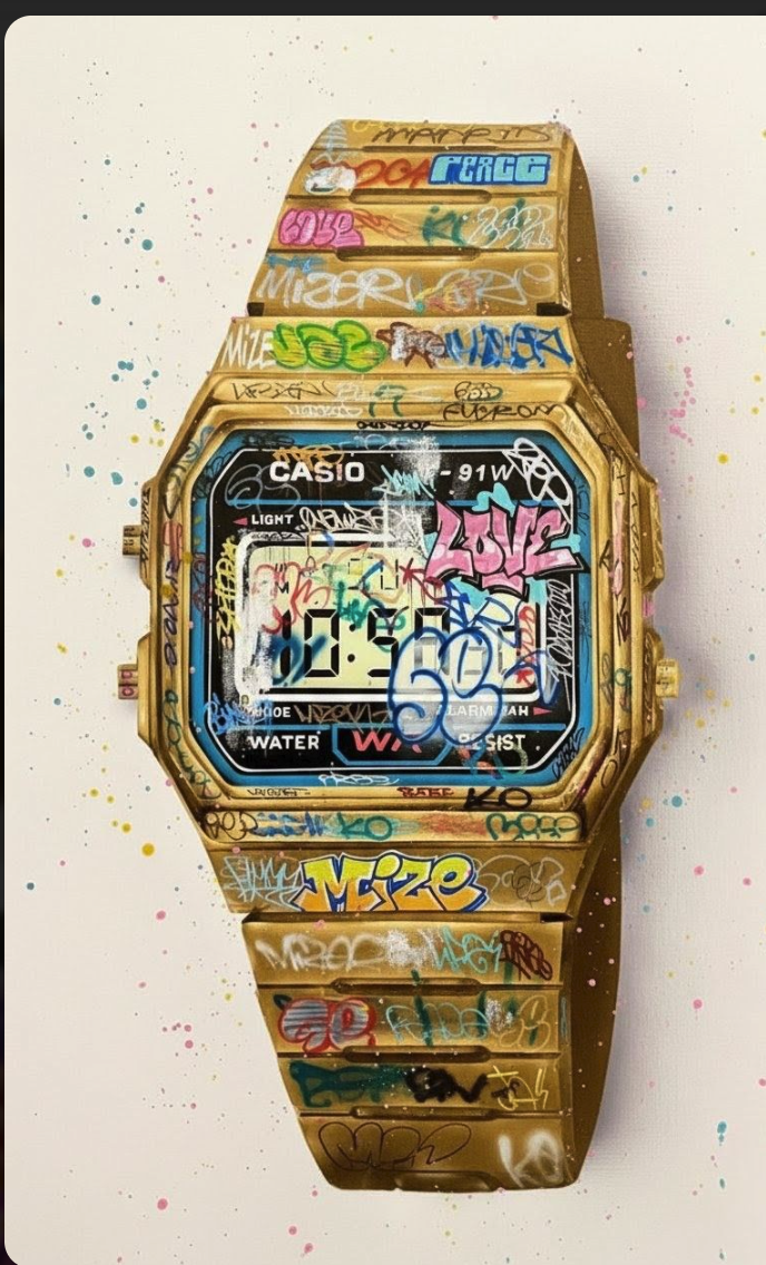 A gold-colored Casio digital watch covered in colorful graffiti tags, with the word 'LOVE' on its face, against a splattered background.