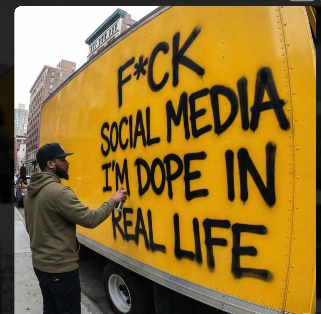 A man in a dark cap and hoodie spray-painting black text on the side of a yellow truck parked on a city street.