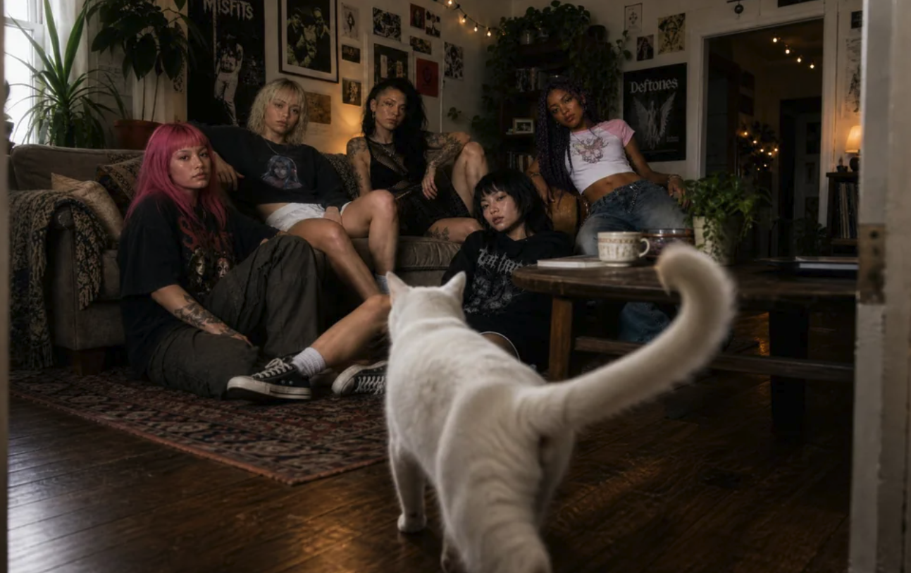 Five people in alternative clothing gathered in a poster-decorated living room with a white cat in the foreground.