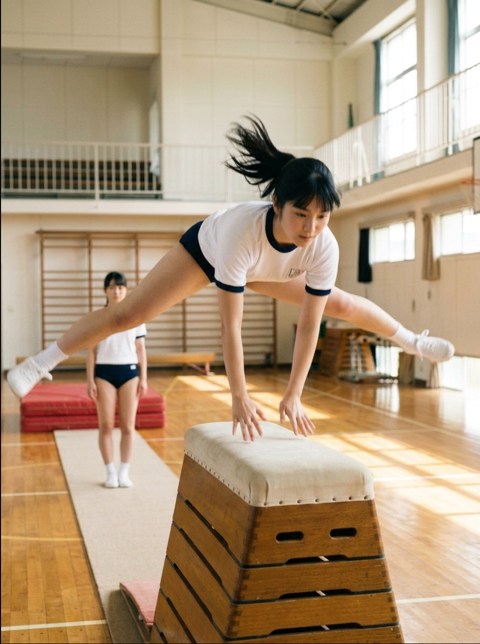 A young woman in athletic wear leaping over a vaulting horse in a gymnasium, with another figure watching in the background.
