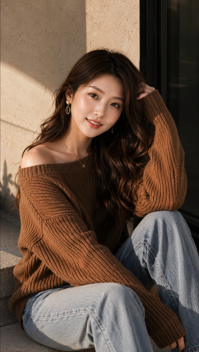 A woman seated against a textured wall in a brown off-shoulder sweater.