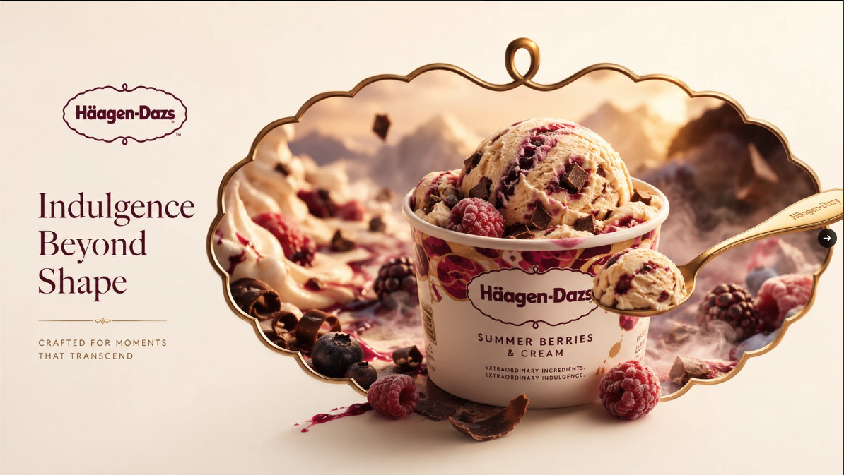 An ornate editorial-style product image showing a Häagen-Dazs 'Summer Berries & Cream' ice cream pint with berries and a branded gold spoon.