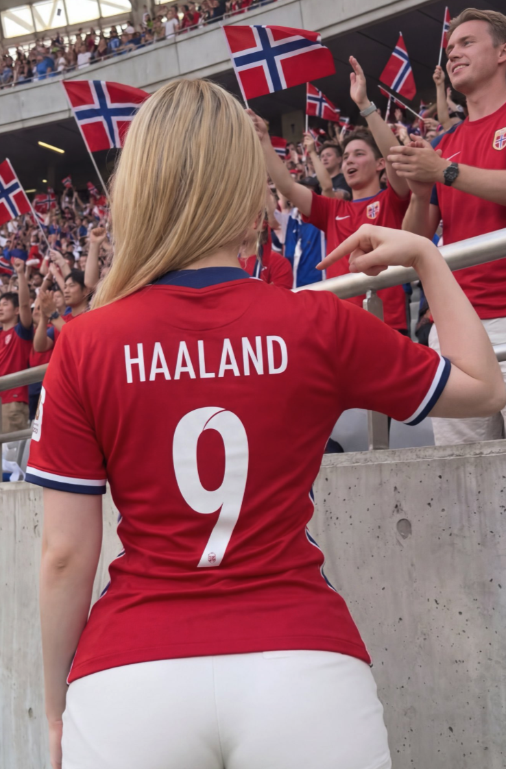A blonde woman wearing a red Norway jersey with 'HAALAND 9' facing a crowd of fans waving Norwegian flags.