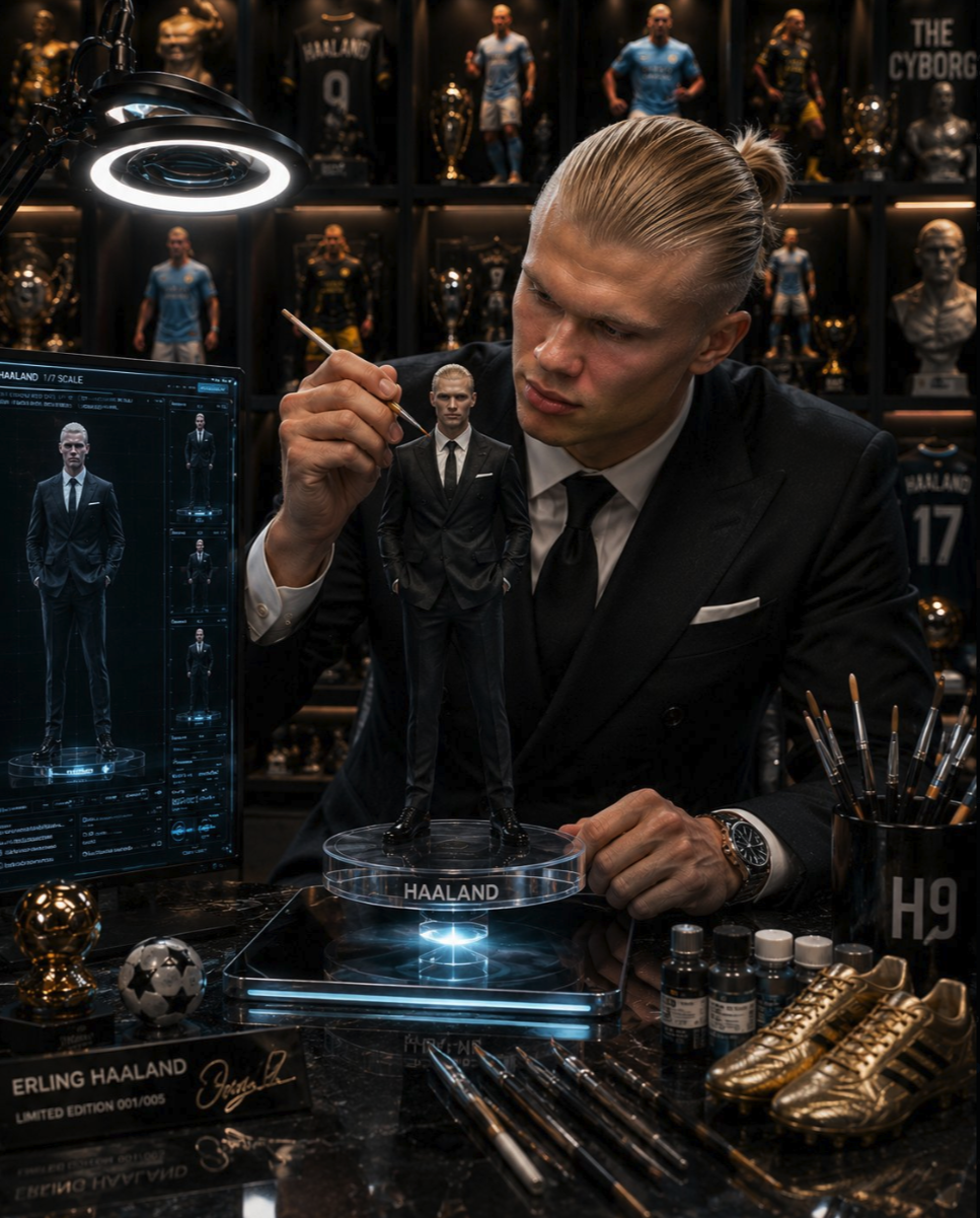 A man resembling Erling Haaland in a black suit working on a small figurine of himself in a suit, labeled 'HAALAND'.
