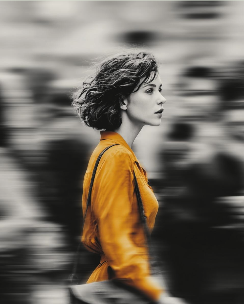 A woman resembling Haley Ramm in profile, wearing an orange jacket against a motion-blurred black-and-white background.
