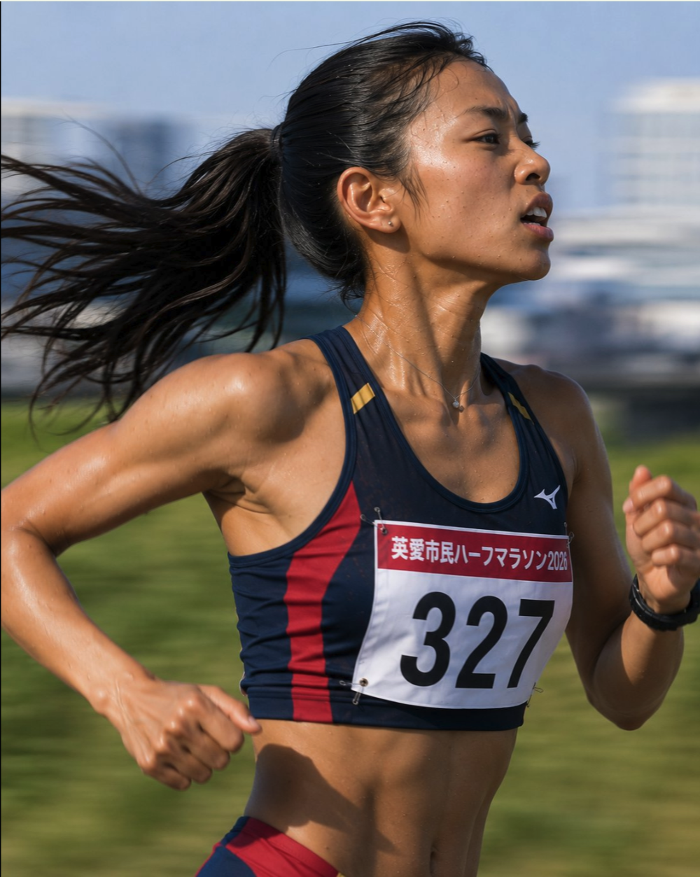 A woman with a ponytail running outdoors wearing a Mizuno tank top and race bib number 327.