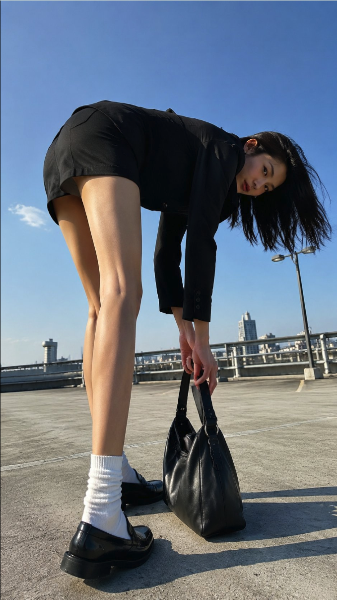 A woman in a black blazer and short skirt, bending to grasp a handbag on a rooftop.