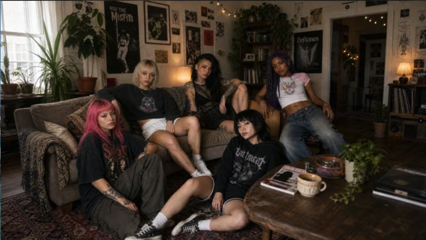 Five women resembling Havana Brown, Katja Glieson, and others posed together in a grunge-style living room with band posters.