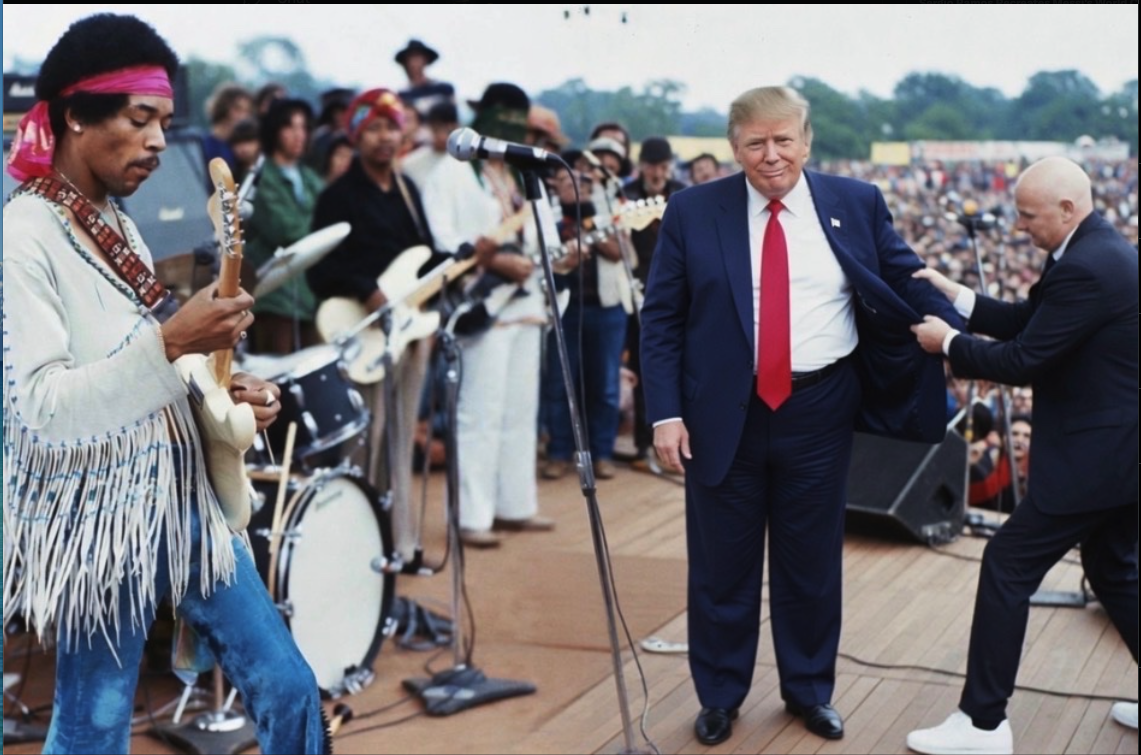 A man resembling Jimi Hendrix playing guitar on a wooden stage beside a man resembling Donald Trump in a dark suit and red tie.