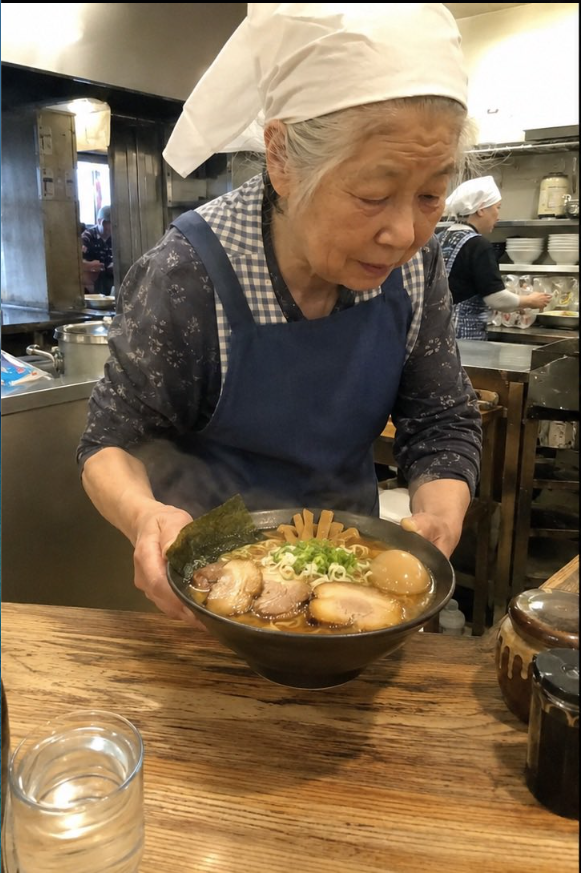 An elderly unidentified woman serving a bowl of ramen in a Japanese kitchen.