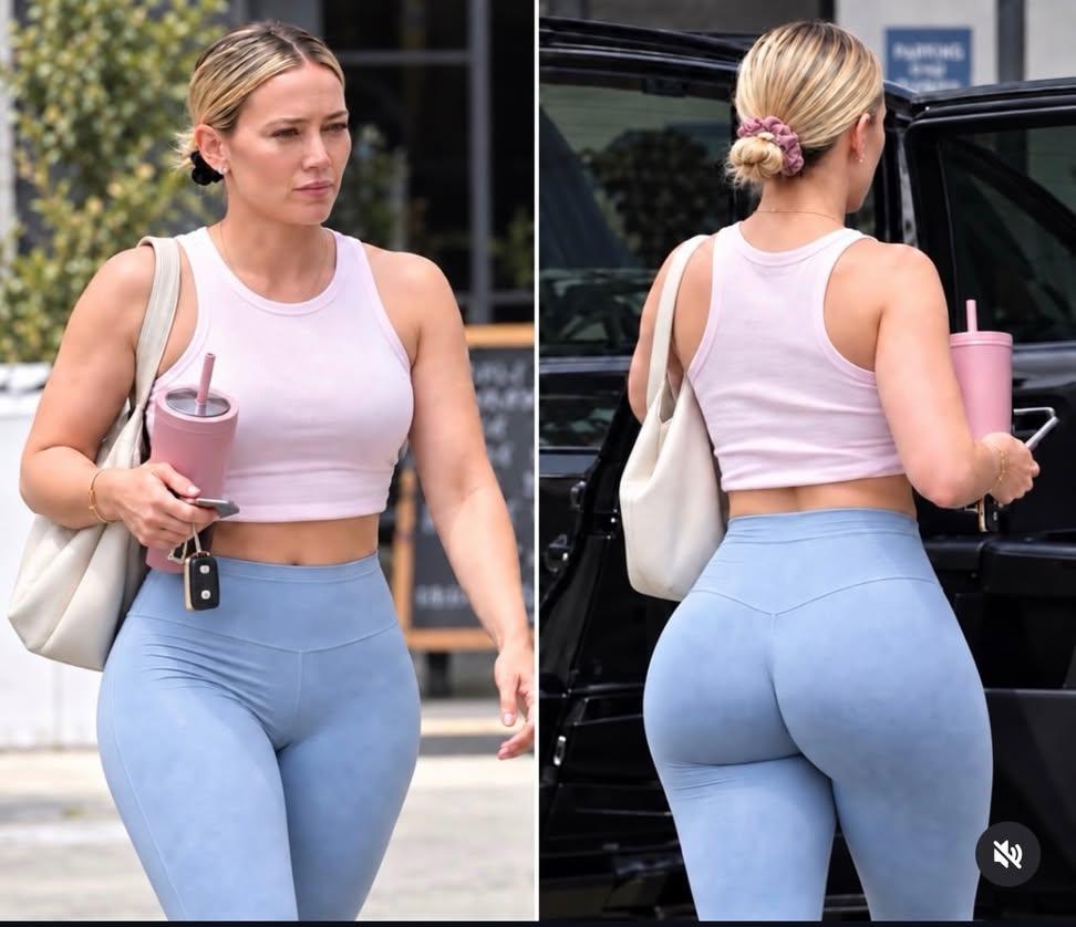 A woman resembling Hilary Duff in a pink tank top and blue leggings, shown front and back views near a black vehicle.