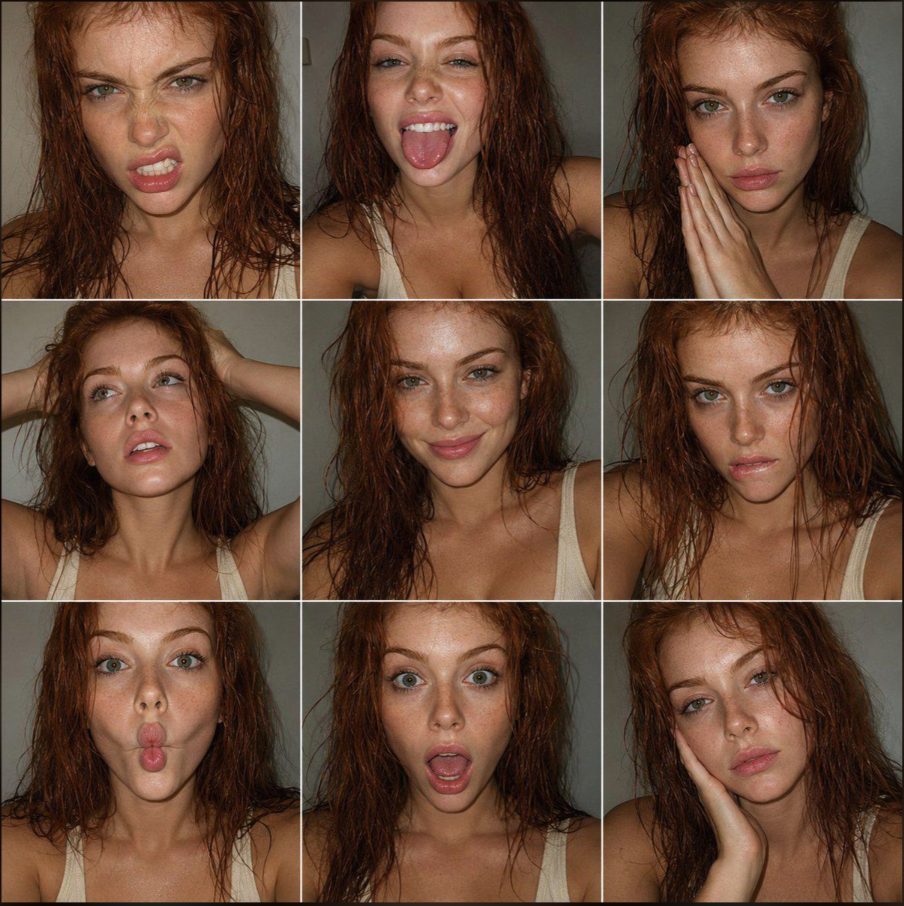 A 3x3 grid of nine close-up portraits of a woman making varied facial expressions.