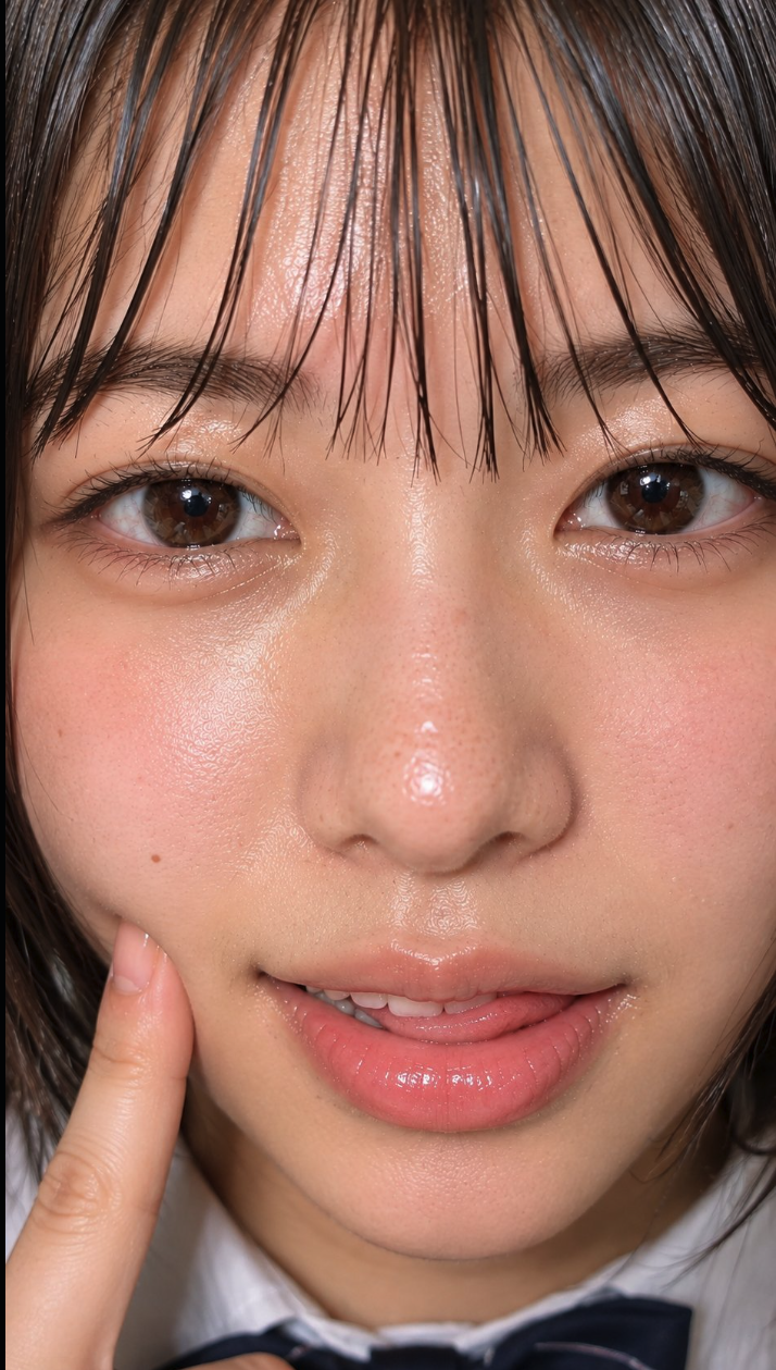 A close-up of a woman with wet-look bangs, glossy lips, and brown eyes.