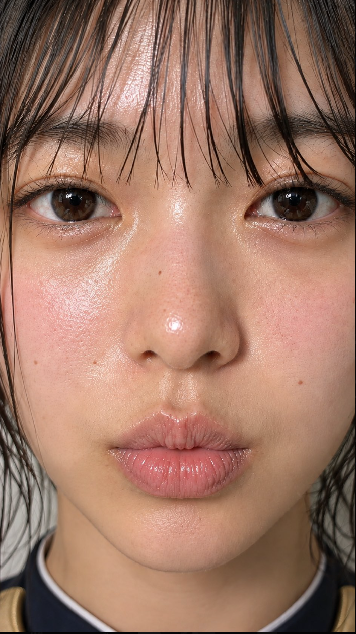A close-up portrait of a woman with dark bangs, brown eyes, and glossy lips.